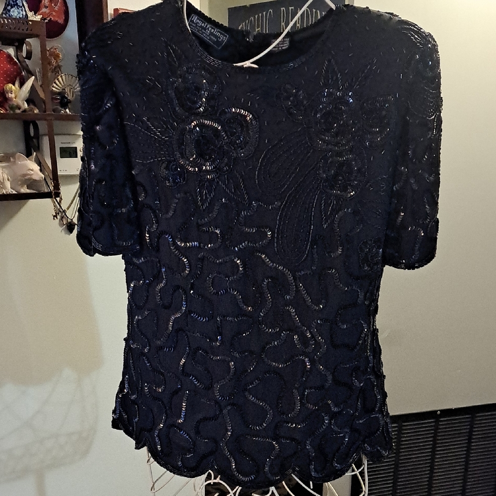 Vintage Silk Bead And Sequin Top, Size L